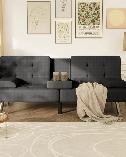 Futon Sofa Bed with Removable Armrests - Adjustable Recliner Sleeper, 2 Cup Holders