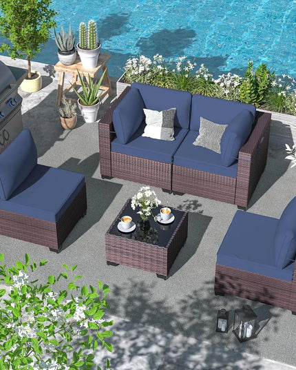 5-Piece Wicker Patio Sectional - 2 Corner Sofas, 2 Armless Sofas and Coffee Table