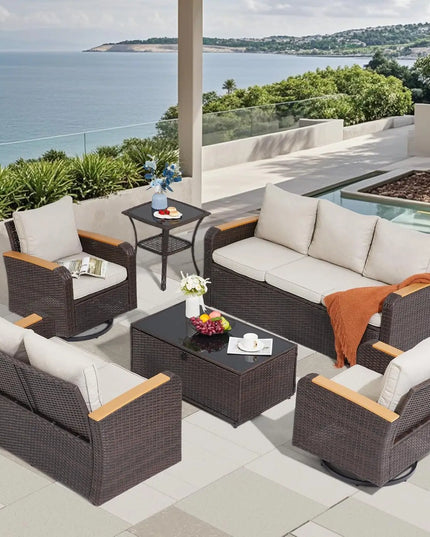 6-Piece Patio Set with Swivel Chairs - Wicker Sofa with HDPE Armrests, Brown and Khaki