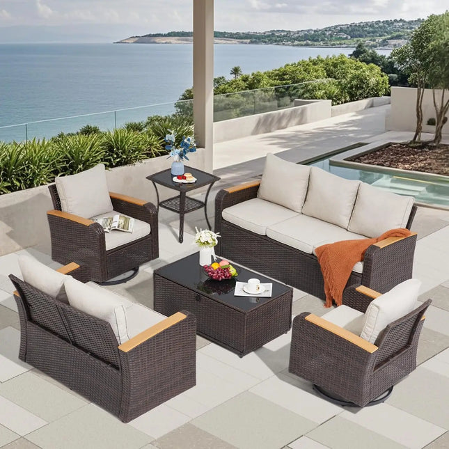 6-Piece Patio Set with Swivel Chairs - Wicker Sofa with HDPE Armrests, Brown and Khaki
