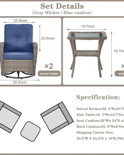 3-Piece Swivel Rocker Patio Set - 2 Wicker Rockers and Glass Side Table, 8 Colourways