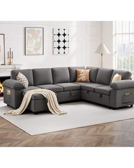 112-Inch L-Shaped Modular Sectional Sofa Bed - Movable Ottoman and Side Storage Pockets
