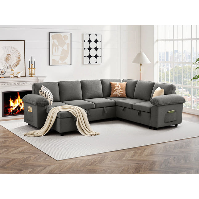 112-Inch L-Shaped Modular Sectional Sofa Bed - Movable Ottoman and Side Storage Pockets