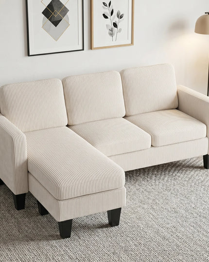73-Inch Small L-Shaped Sectional Sofa - Reversible Chaise, Cream Corduroy, Seats 3