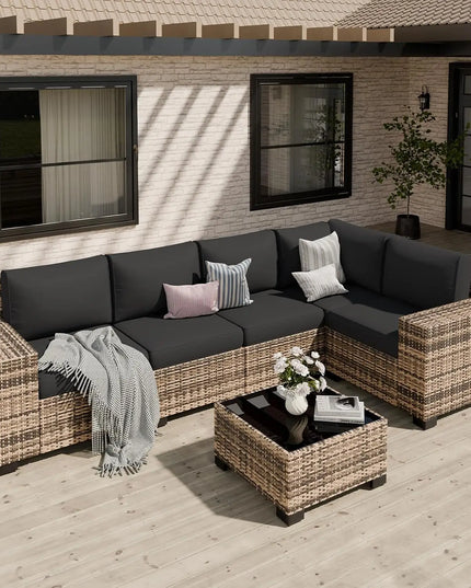 6-Piece Patio Sectional - 5 Conversation Sofas and Tempered Glass Table, Thick Cushions