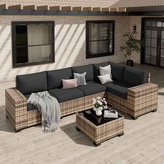 6-Piece Patio Sectional - 5 Conversation Sofas and Tempered Glass Table, Thick Cushions