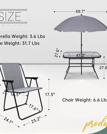 8-Piece Patio Dining Set with Umbrella - Glass Table and 6 Folding Mesh Chairs