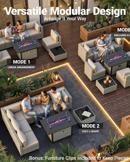 8-Piece Modular Wicker Patio Set - 6 Seats, Coffee Table and 55,000 BTU Fire Pit