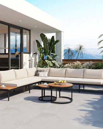 7-Piece All-Weather Rattan Conversation Set - Tempered Glass Table and Striped Pillows