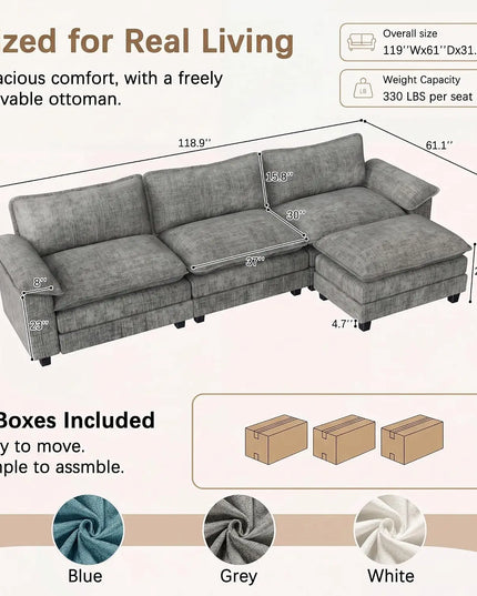 Chenille L-Shaped Sofa with Movable Ottoman - 30-Inch Deep Seat, Washable Cover, Grey
