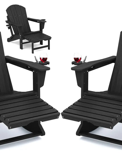 Adirondack Rocking Chairs, Set of 2 - HDPE with Retractable Footrests and Cup Holders