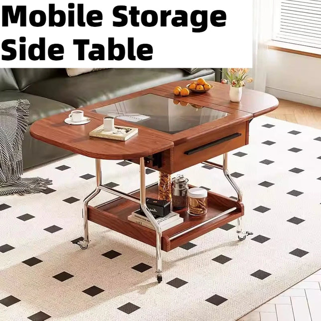 Rolling Round Side Table with Storage Shelf - Mobile Coffee Trolley on Castors, E0