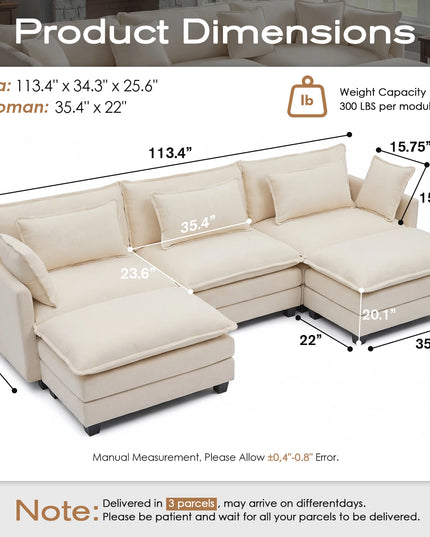 113-Inch Cloud Modular Sectional Sofa with Ottoman - 23.6-Inch Deep Seat, 4 Colours