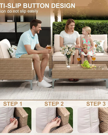 4-Piece Wicker Patio Set - Loveseat, 2 Armchairs and Glass Table in Grey or Beige