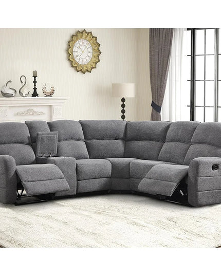 L-Shaped Reclining Corner Sofa - Padded Headrests and 2 Cup Holders, Grey Fabric