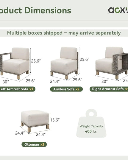 6-Piece U-Shape Patio Sectional - 2 Armchairs, 2 Armless, 2 Ottomans, 10-Inch Cushions