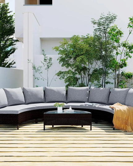 7-Piece All-Weather Rattan Conversation Set - Tempered Glass Table and Striped Pillows