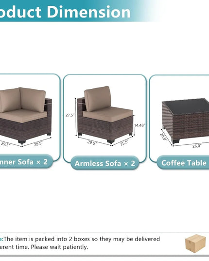 5-Piece Wicker Patio Sectional - 2 Corner Sofas, 2 Armless Sofas and Coffee Table