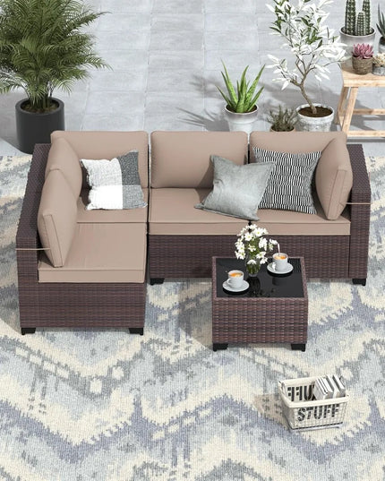 5-Piece Wicker Patio Sectional - 2 Corner Sofas, 2 Armless Sofas and Coffee Table