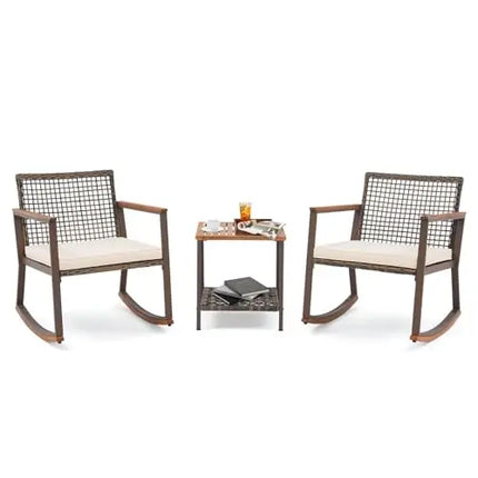 3-Piece Rocking Bistro Set - 2 Wicker Rocking Chairs and 2-Tier Table, 2 Colourways