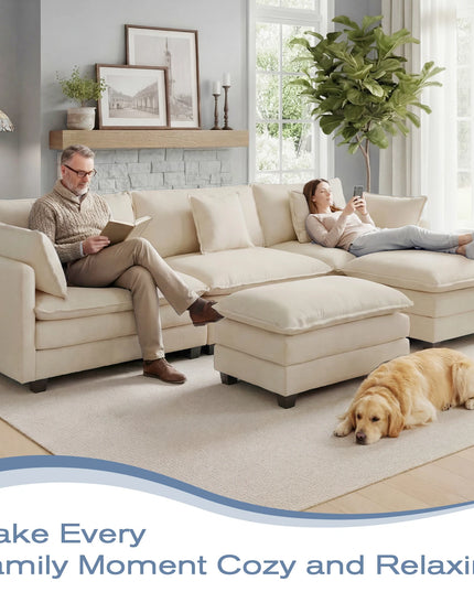 113-Inch Cloud Modular Sectional Sofa with Ottoman - 23.6-Inch Deep Seat, 4 Colours