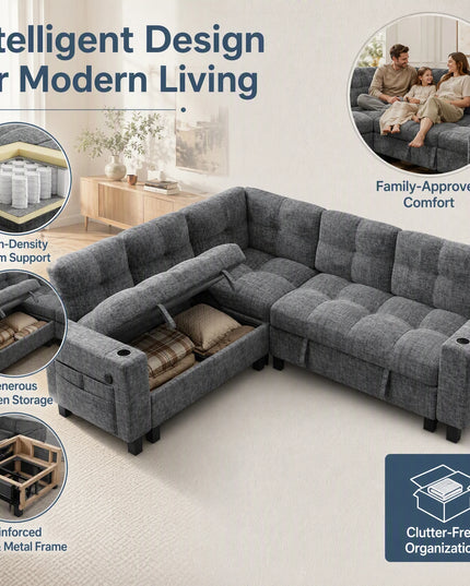 U-Shaped Modular Sleeper Sofa - Pull-Out Bed, Hidden Storage, USB Ports, 5 or 7 Seat