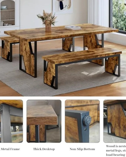 Rustic 70.8-Inch Dining Table with 2 Matching Benches - Natural Wood, Seats 6