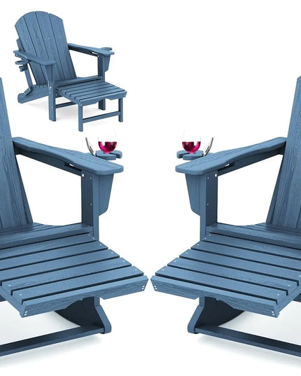 Adirondack Rocking Chairs, Set of 2 - HDPE with Retractable Footrests and Cup Holders