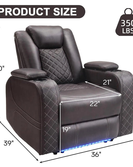 Electric Power Recliner Home Theater Chair - Adjustable Headrest, LED, USB, Cup Holders