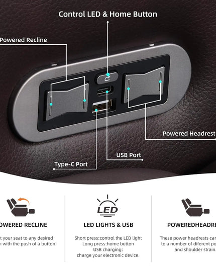 Electric Power Recliner Home Theater Chair - Adjustable Headrest, LED, USB, Cup Holders