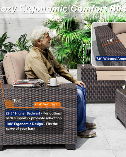 6-Piece Patio Sectional - 2 Armrest Sofas, 3 Armless Sofas and Glass Coffee Table