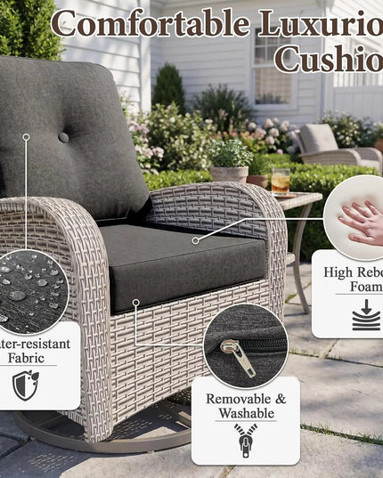 5-Piece Wicker Swivel Rocker Set - Rockers, Ottomans, Glass Table and Cushions, 5 Colours