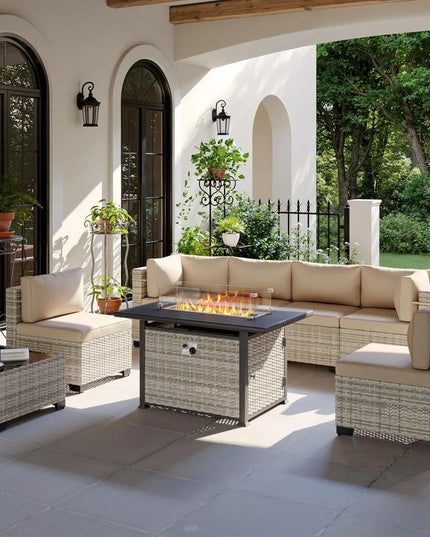 8-Piece Modular Wicker Patio Set - 6 Seats, Coffee Table and 55,000 BTU Fire Pit
