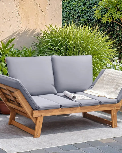 Acacia Wood Outdoor Couch - Converts to Daybed, Adjustable Armrests, Cushions Included
