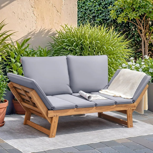 Acacia Wood Outdoor Couch - Converts to Daybed, Adjustable Armrests, Cushions Included