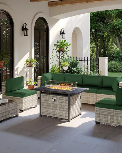 8-Piece Modular Wicker Patio Set - 6 Seats, Coffee Table and 55,000 BTU Fire Pit