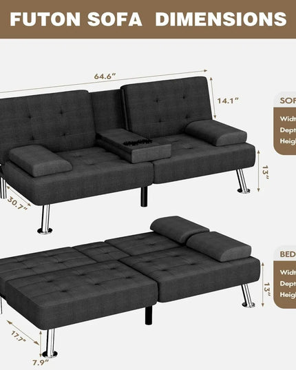 Futon Sofa Bed with Removable Armrests - Adjustable Recliner Sleeper, 2 Cup Holders