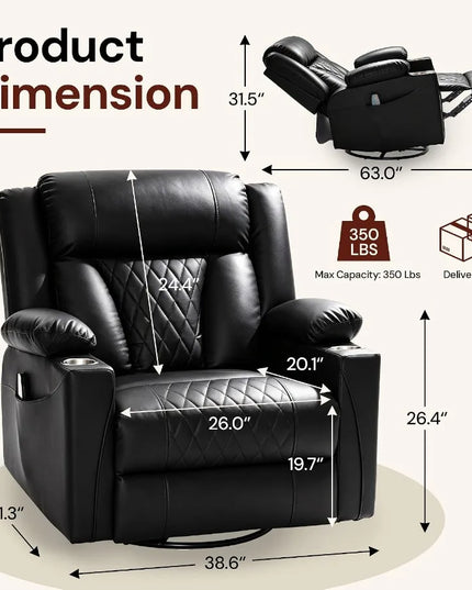 Oversized Swivel Rocker Recliner - Big and Tall Faux Leather, Heat and Massage, 3 Colours