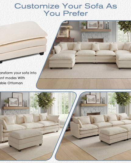 113-Inch Cloud Modular Sectional Sofa with Ottoman - 23.6-Inch Deep Seat, 4 Colours
