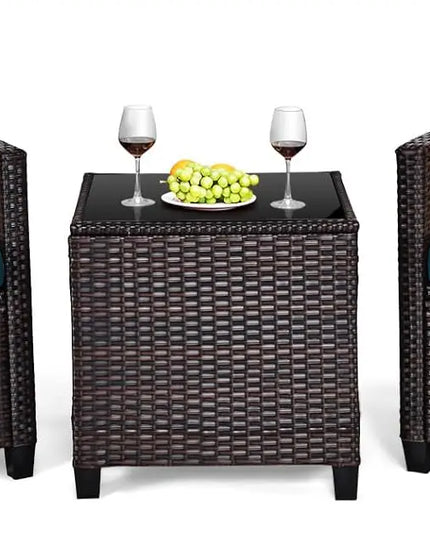 3-Piece PE Rattan Patio Set - 2 Wicker Chairs, Tempered Glass Table and 4 Cushions