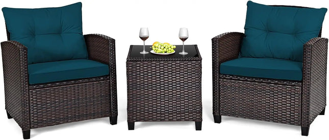 3-Piece PE Rattan Patio Set - 2 Wicker Chairs, Tempered Glass Table and 4 Cushions
