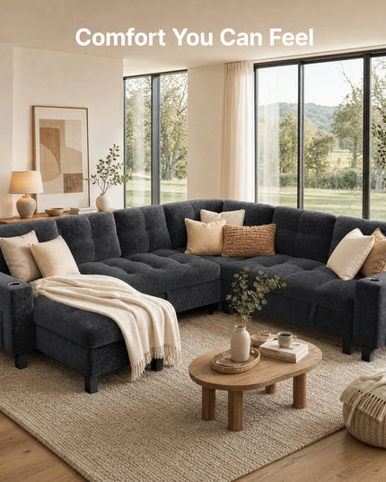 U-Shaped Modular Sleeper Sofa - Pull-Out Bed, Hidden Storage, USB Ports, 5 or 7 Seat