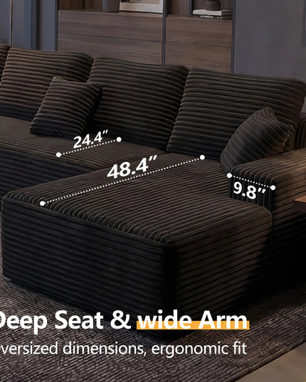 131-Inch Boneless Corduroy Cloud Sofa - U-Shaped Sectional Sofa Bed, No Assembly
