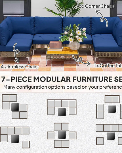 7-Piece Modular Wicker Patio Set - 2 Corner, 4 Armless Chairs, Acacia-Top Coffee Table