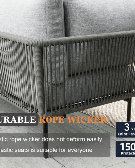9-Piece Rope Wicker Sectional Set - L-Shaped Deep Seating, Thick Cushions, 3 Colours