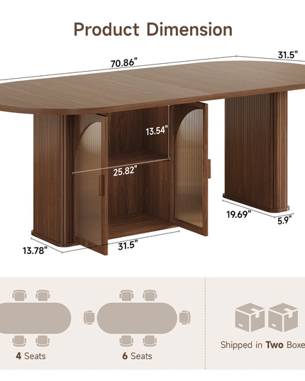 Walnut 70-Inch Oval Dining Table - Seats 6 to 8, 2-Tier Storage and LED, Table Only