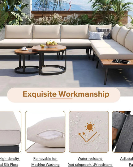4-Piece Acacia L-Shaped Patio Set - Nesting Coffee Table, Built-In Side Table, Cushions