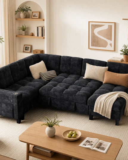 U-Shaped Modular Sleeper Sofa - Pull-Out Bed, Hidden Storage, USB Ports, 5 or 7 Seat