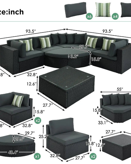 7-Piece All-Weather Rattan Conversation Set - Tempered Glass Table and Striped Pillows