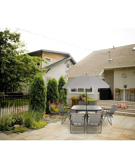 8-Piece Patio Dining Set with Umbrella - Glass Table and 6 Folding Mesh Chairs